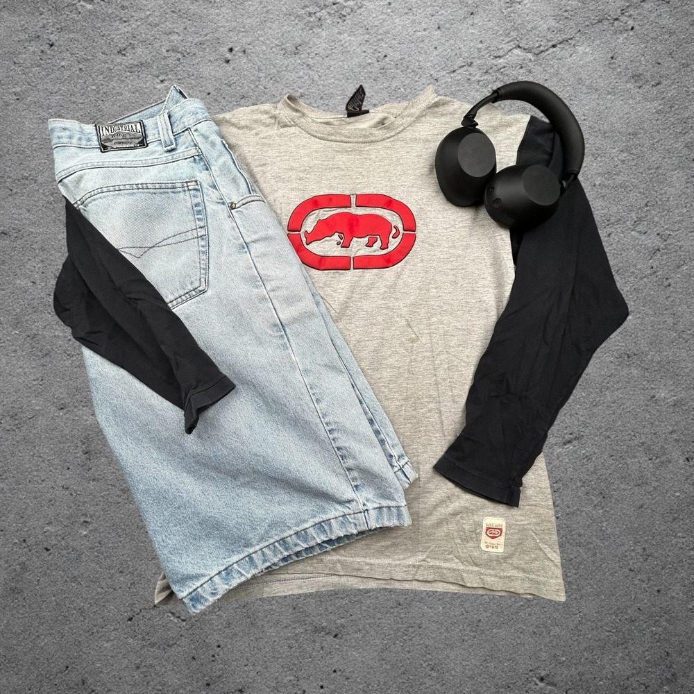 Vintage Ecko Unltd Long Sleeve Raglan Shirt Grey Black Red Rhino Y2K Mens Medium